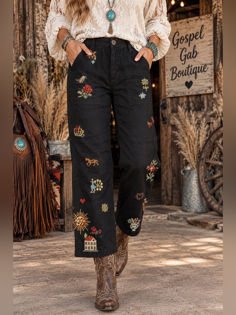 Johnny Was Alexandria Worker Pants Black Embroidered NWT Size 8